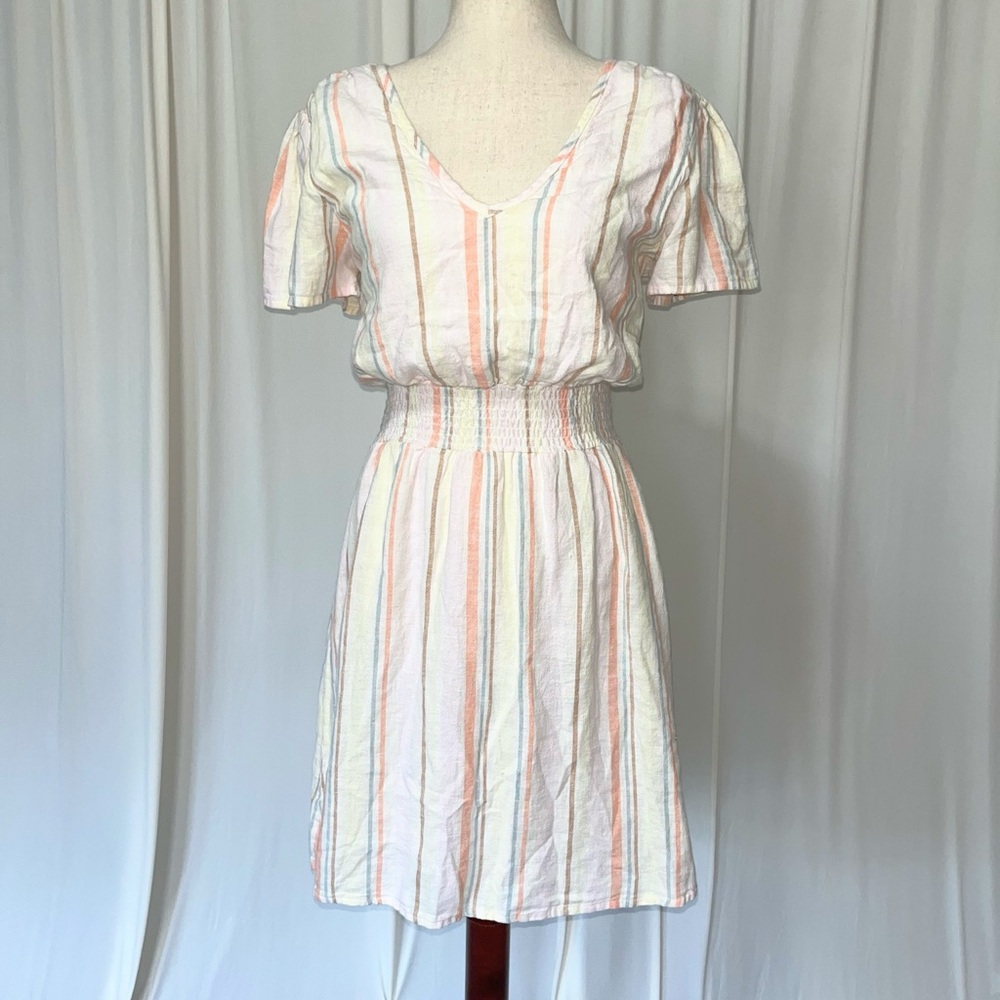 Bobi Los Angeles Pastel Striped Linen Blend Smocked Mini Dress Size S